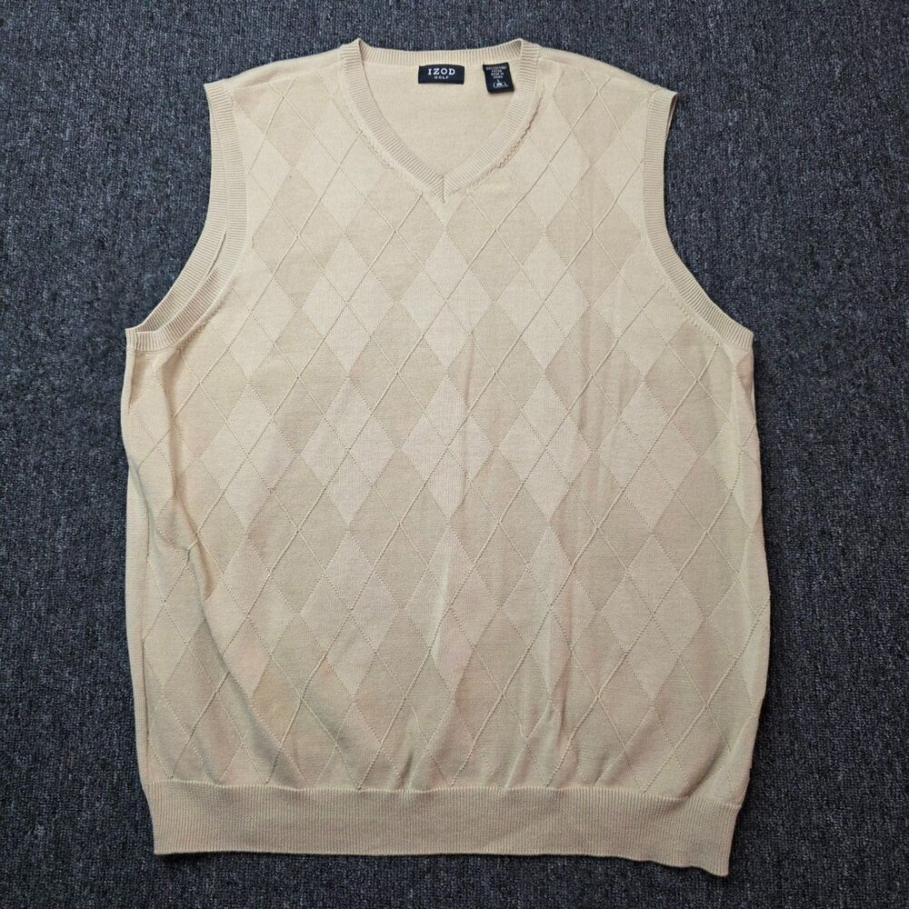 Izod Golf V‑Neck Sweater Vest Men’s L 100% Cotton Tan Diamond Knit
